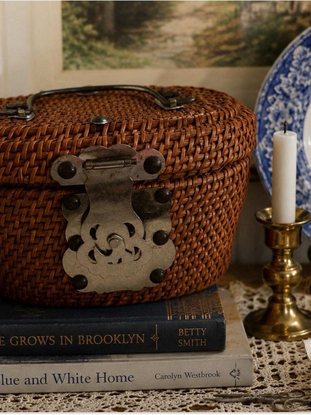 Vintage Asian Wicker Tea / Storage Basket with Metal Hardware